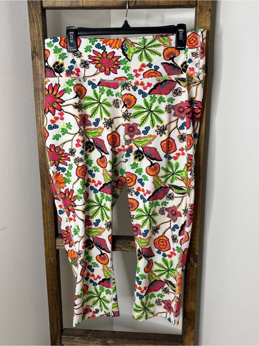 ZELOS White Floral Stretch Leggings with Multicolor Blooms Size XL